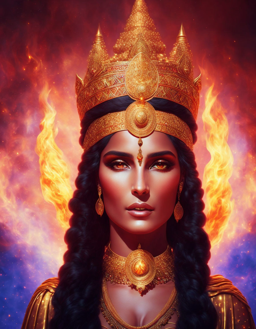 Regal woman in golden crown and jewelry amid fiery flames