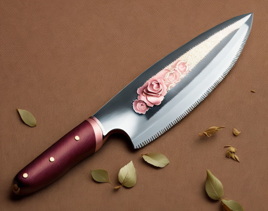 Rose Pattern Chef's Knife: Wooden Handle, Serrated Edge, Brown Surface, Leaves