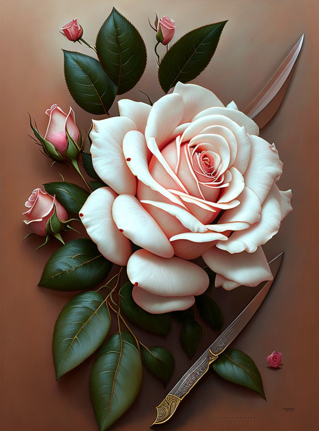 Detailed hyper-realistic painting of white rose with buds, leaves, and ornate knife.