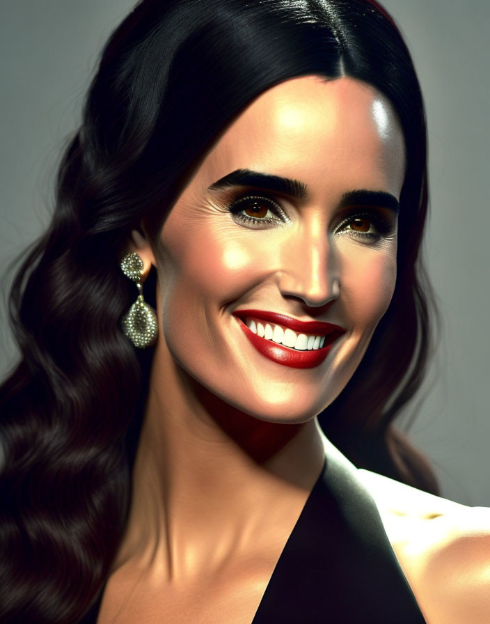 Smiling Woman Portrait with Dark Hair and Red Lipstick