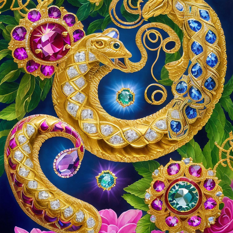 Golden dragons with gemstones entwined on dark floral backdrop