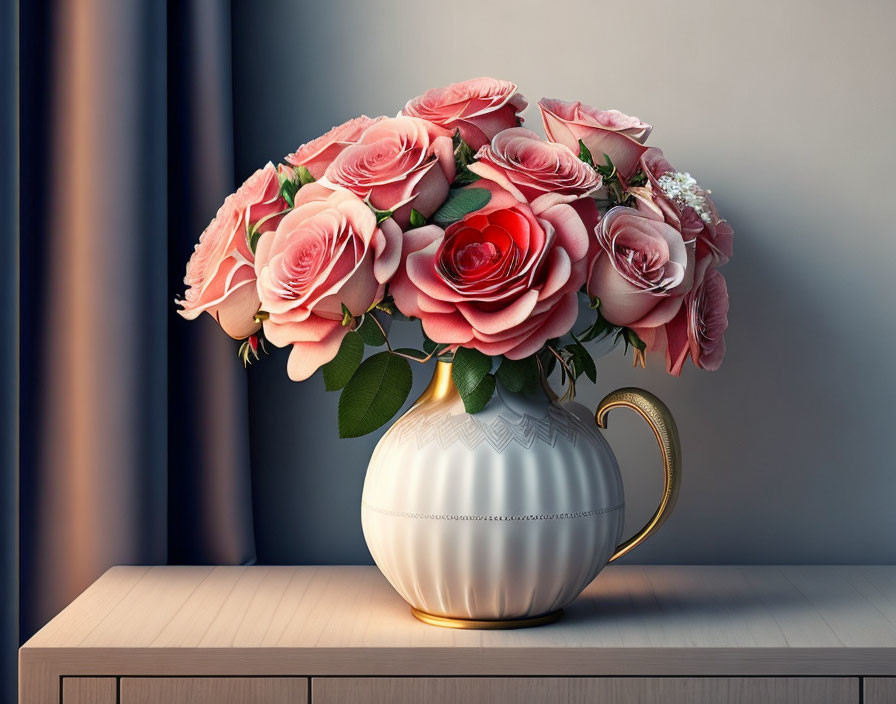 Pink Rose Bouquet in White Vase on Wooden Table by Curtained Window