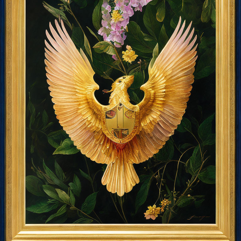 Golden heraldic eagle with shield surrounded by blooming flowers in framed artwork