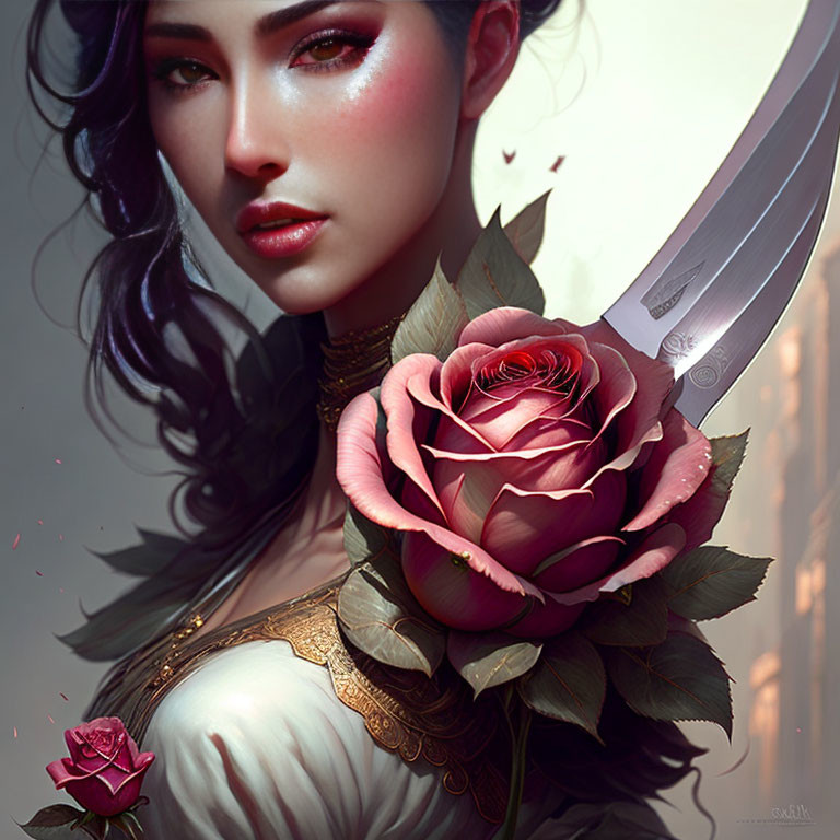 Dark-haired woman holding a rose with a blade in digital art