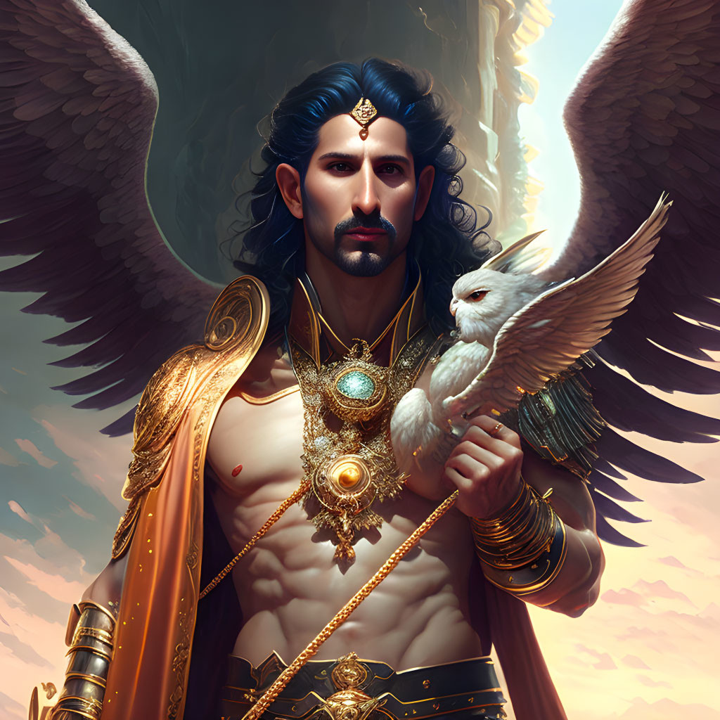 Winged man with owl in golden armor under luminous sky