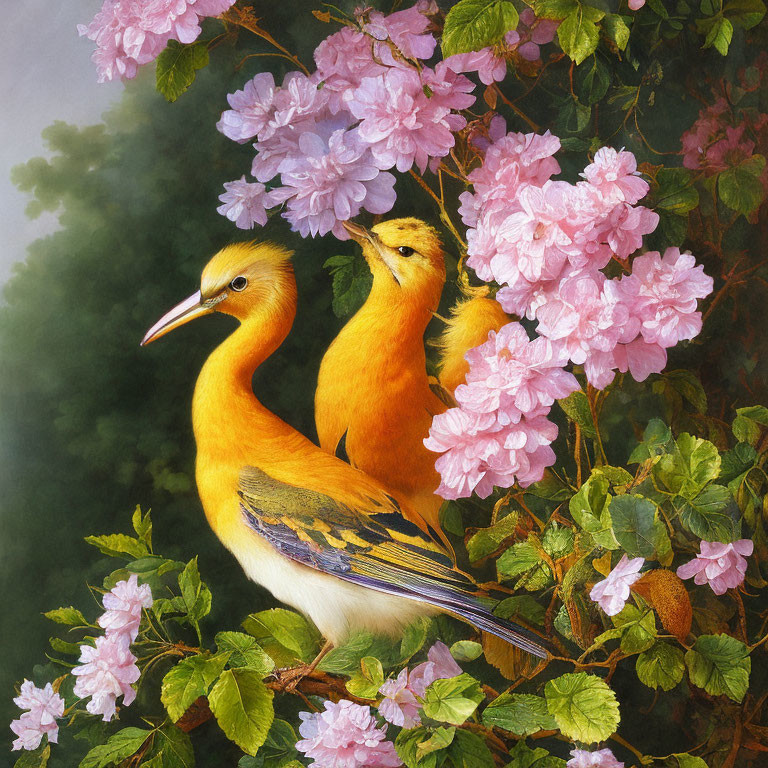 Vibrant golden-yellow birds in pink blossoms and green foliage