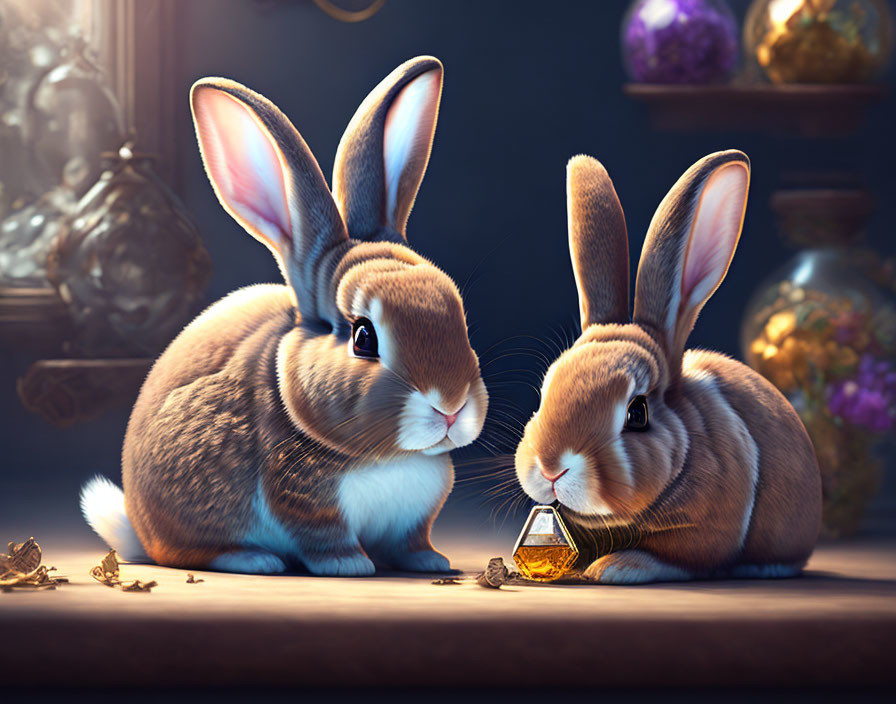 Realistic animated rabbits in vintage setting with glass vial, coins, and artifacts