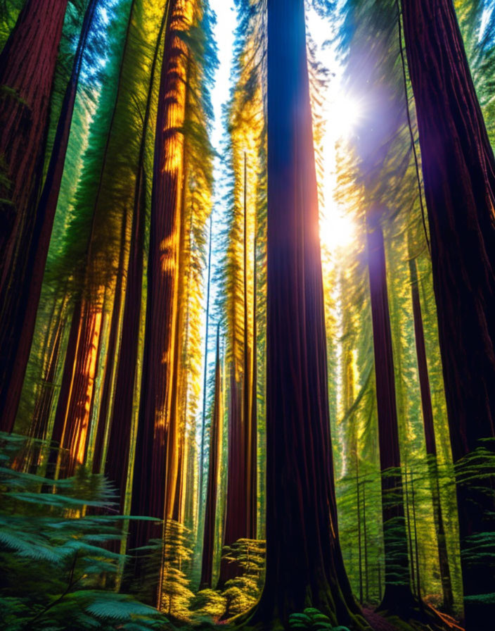 Sunlight through tall redwood forest trunks: vivid highlights and deep shadows