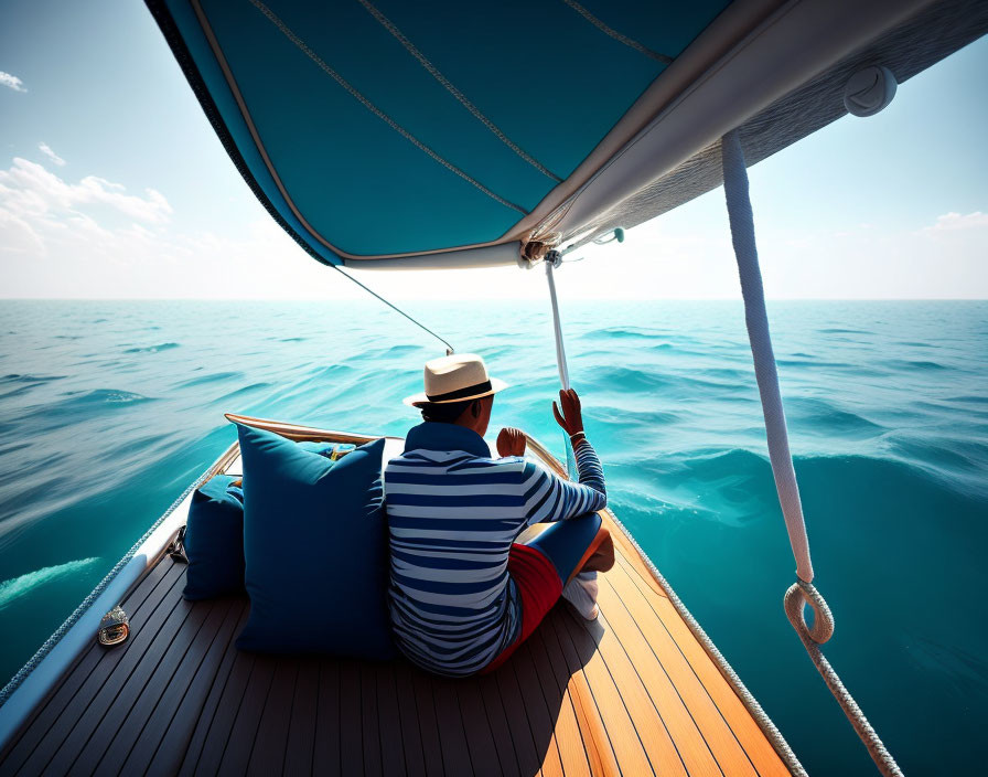 Person in Striped Shirt on Yacht Deck with Blue Cushions and Sail Rope