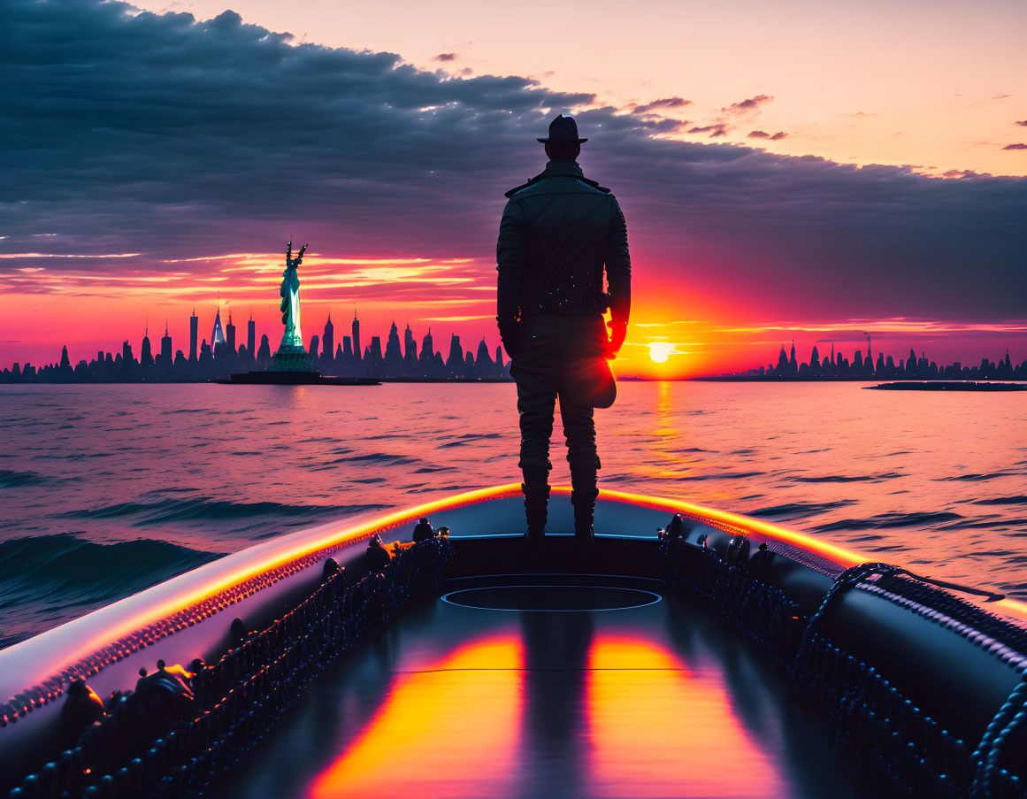 Silhouetted person on boat with Statue of Liberty and NYC skyline at sunset