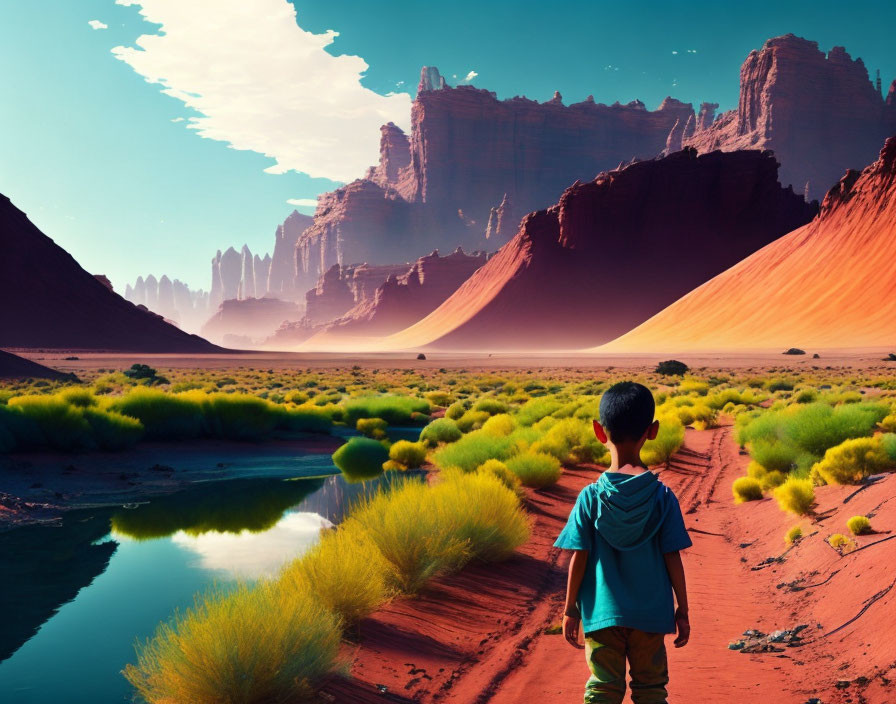 Boy with backpack in desert landscape with red sands, river, and rock formations