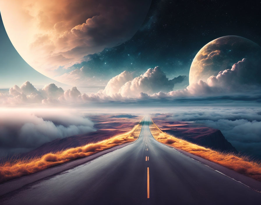 Surreal road with oversized planets in dramatic landscape