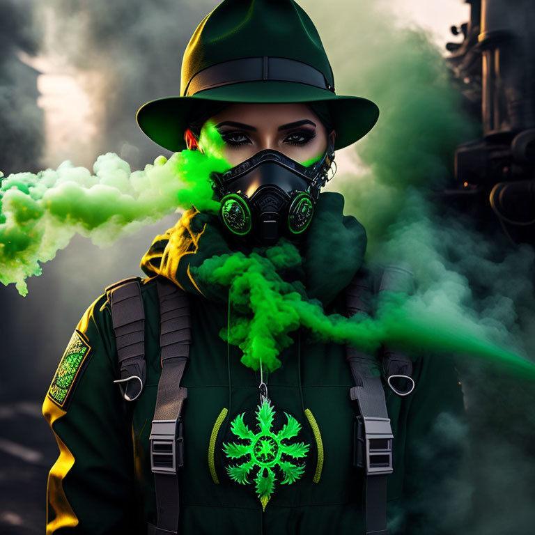 Figure in gas mask and tactical gear surrounded by green smoke.