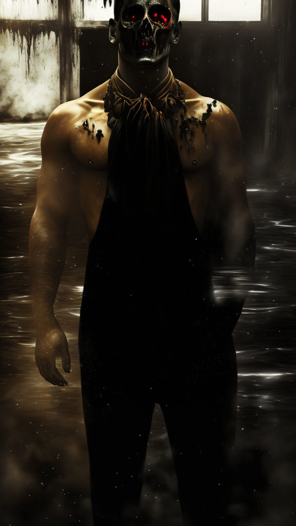 Mystical figure with glowing eyes in shallow water