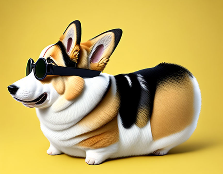 Smiling Corgi Dog in Sunglasses on Yellow Background