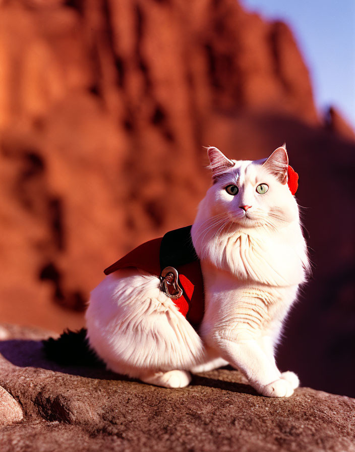 White Cat in Superhero Costume on Rock with Red Mountains