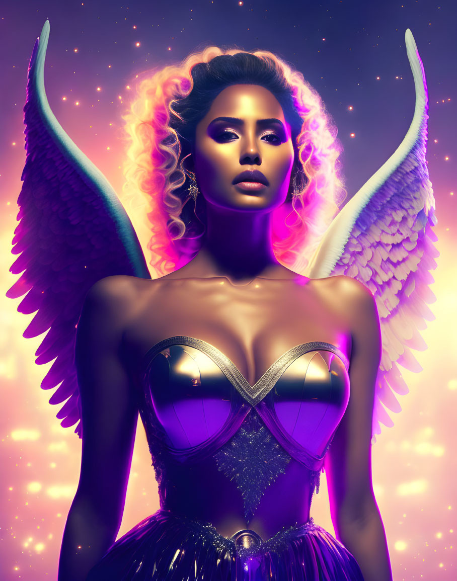 Radiant angelic figure with white wings and metallic corset on purple and gold backdrop