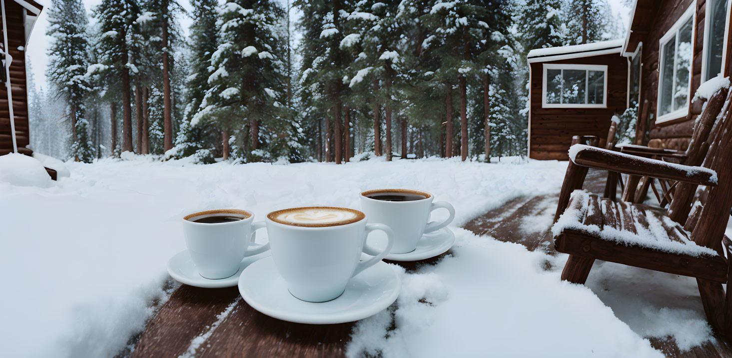 Three Coffee Cups on Snowy Cabin Table in Forest