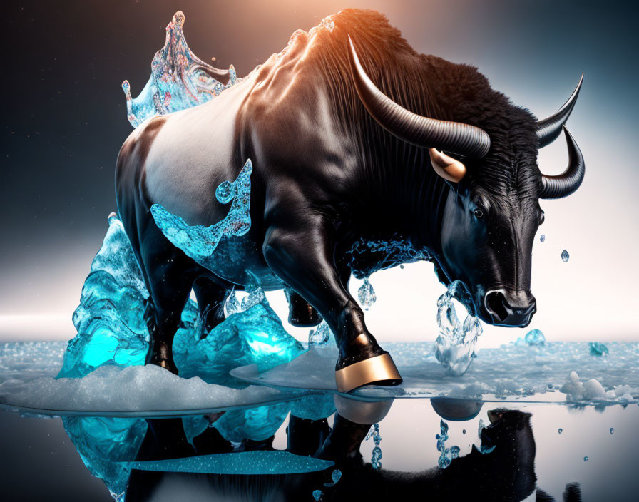 Majestic bull surrounded by splashing water on icy surface