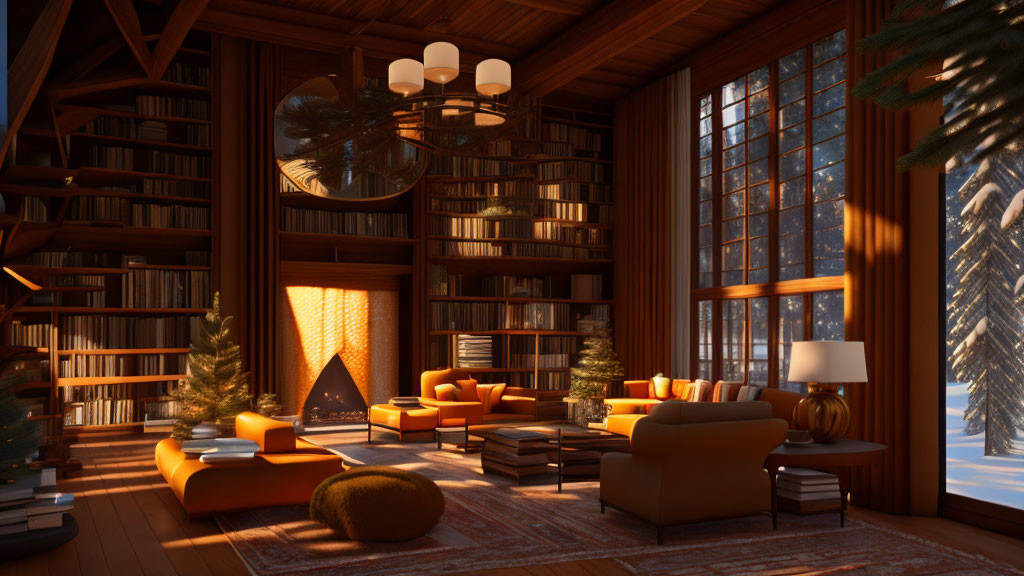 Cozy Cabin Interior with Fireplace, Bookshelves, Seating, and Snowy Scenery