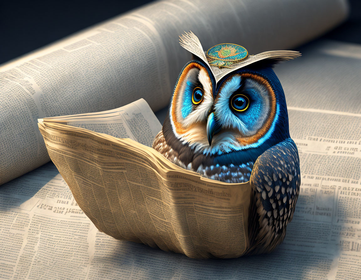 Colorful owl with small hat perched in newspaper under sunlight