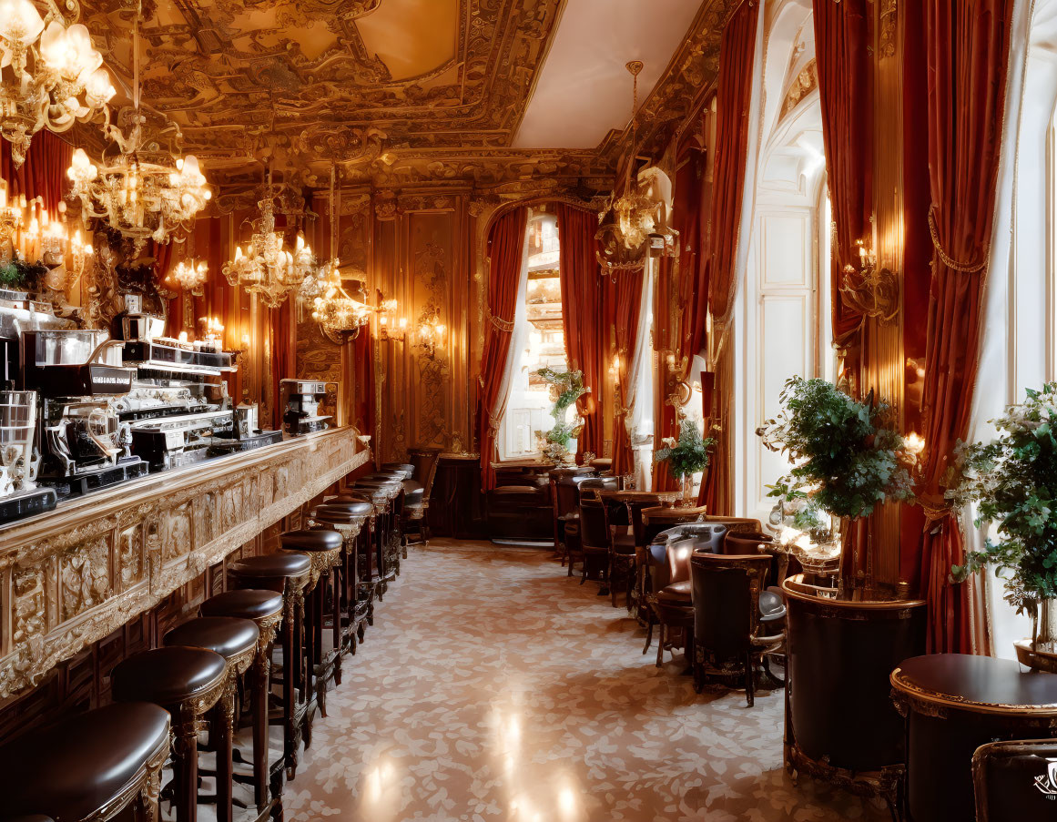 Luxurious Cafe Interior with Golden Chandeliers & Baroque Decor