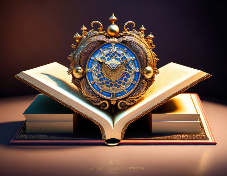 Ornate magical book with glowing celestial clock design on open page