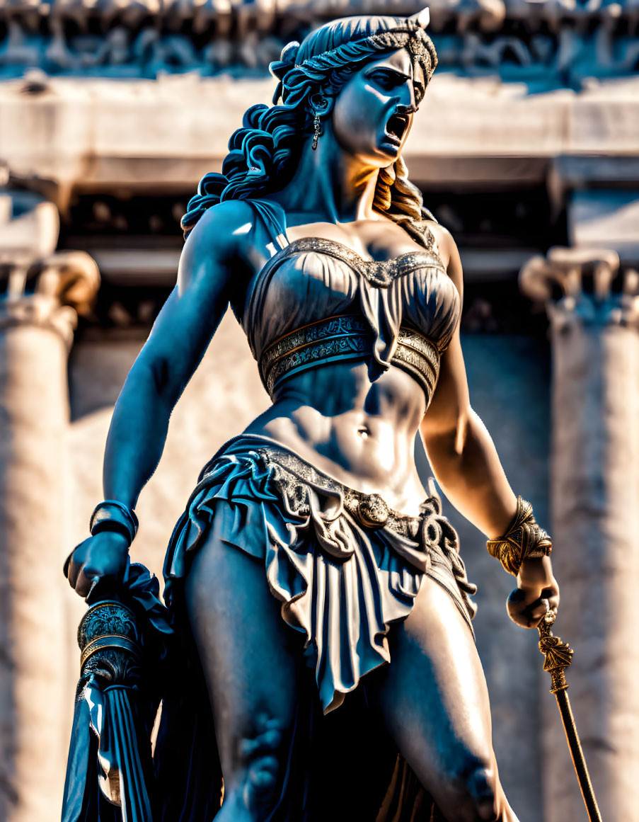 Fierce female warrior sculpture in armor with sword against architectural backdrop