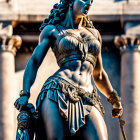 Fierce female warrior sculpture in armor with sword against architectural backdrop