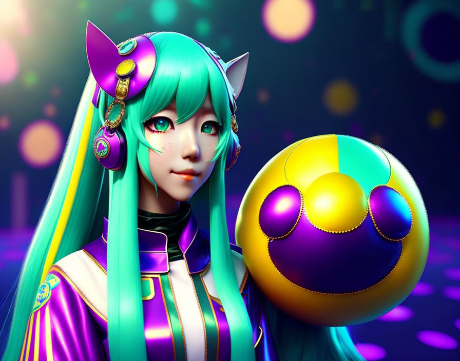 Colorful 3D character illustration with green hair, cat ears, and golden accessories holding a sphere