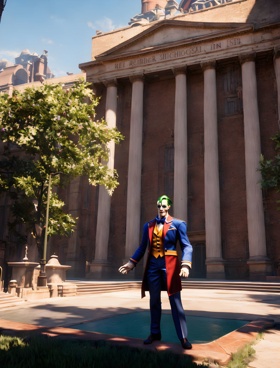 3D render of Joker in front of classical building under blue sky