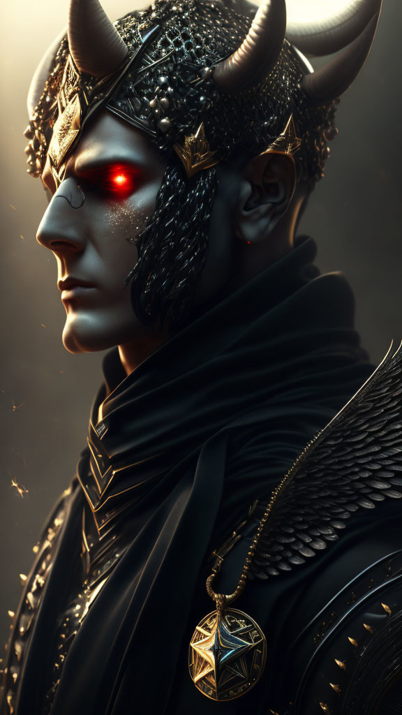 Detailed portrait of a horned fantasy character with glowing red eyes, ornate headgear, and pendant