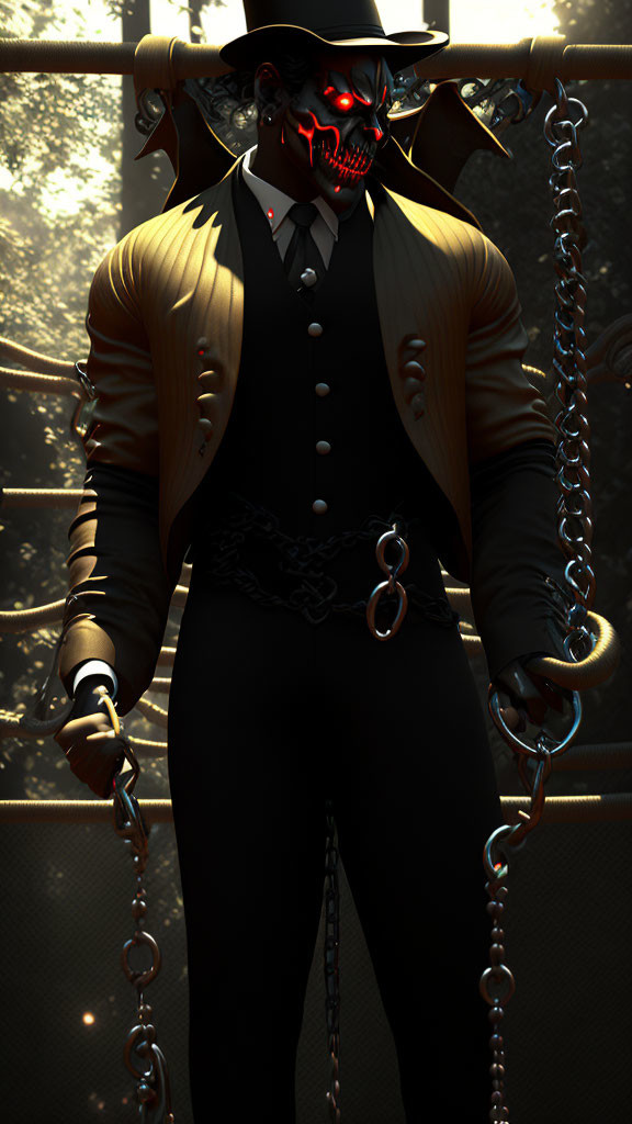 Sinister skull-faced figure in suit with glowing eyes and horns, standing ominously.