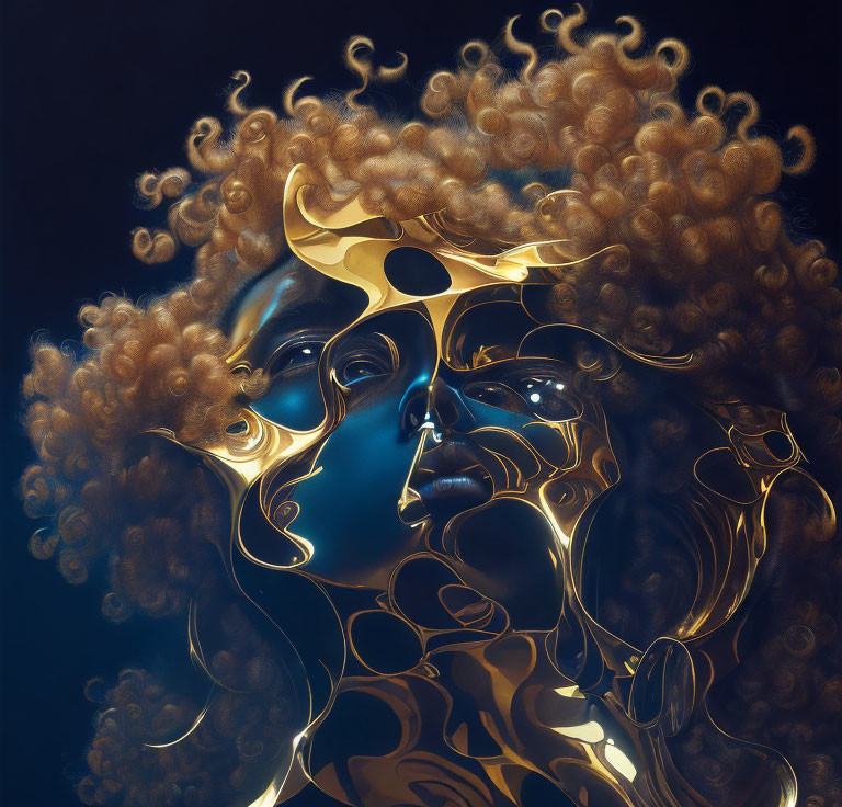 Surreal digital art: golden face with curly hair on deep blue background