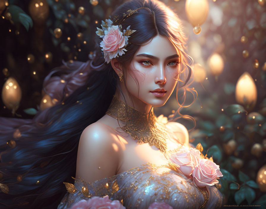 Fantasy portrait of woman with floral adornments in enchanted forest