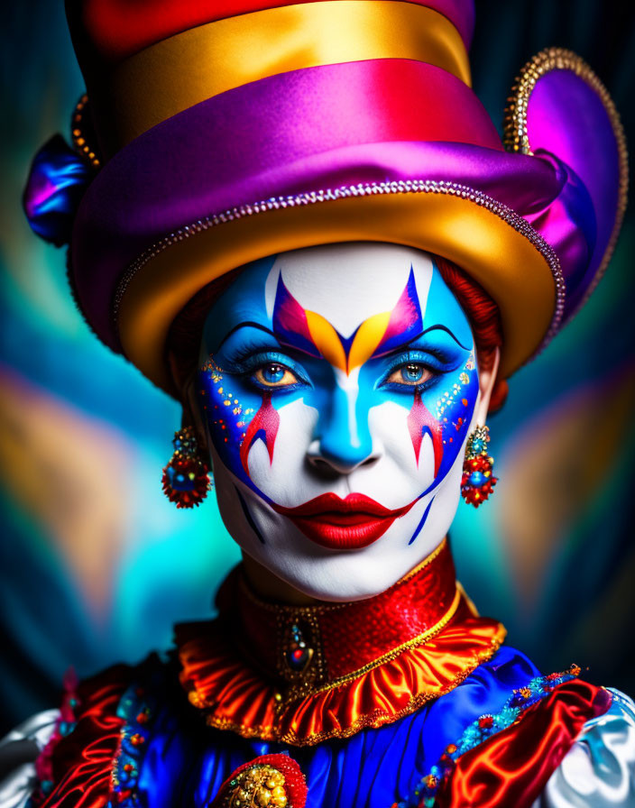 Colorful clown makeup and vibrant costume against blue background