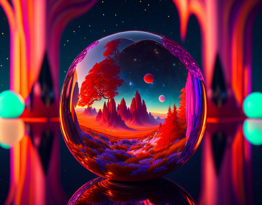 Surreal landscape with crystal ball, starry sky, trees, and colorful patterns