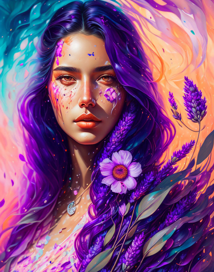 Colorful digital portrait of a woman with purple hair and flowers against fiery backdrop