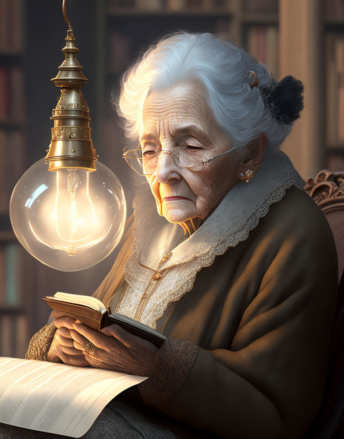 Elderly woman reading book under warm light