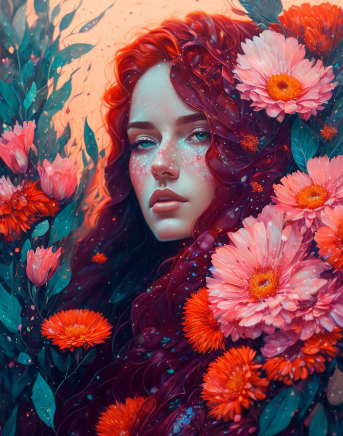 Red-haired woman with freckles in front of vibrant floral backdrop