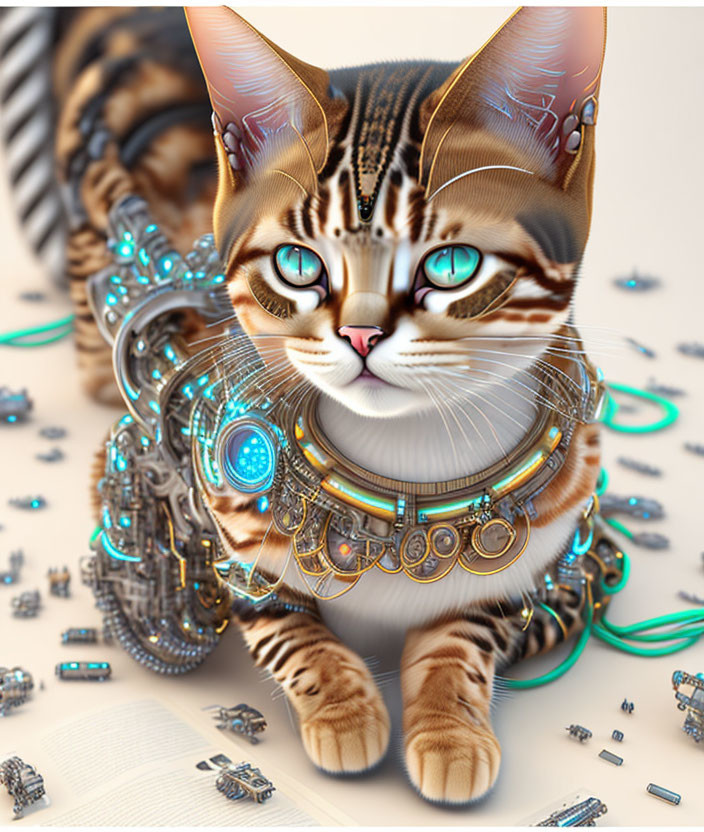 Futuristic cybernetic cat with glowing green eyes and mechanical enhancements on gear background