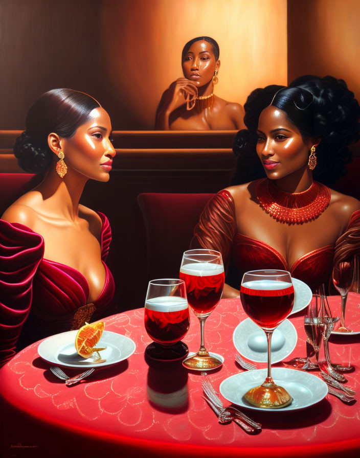 Elegantly dressed women at restaurant table with wine and dessert in warm, red-toned setting