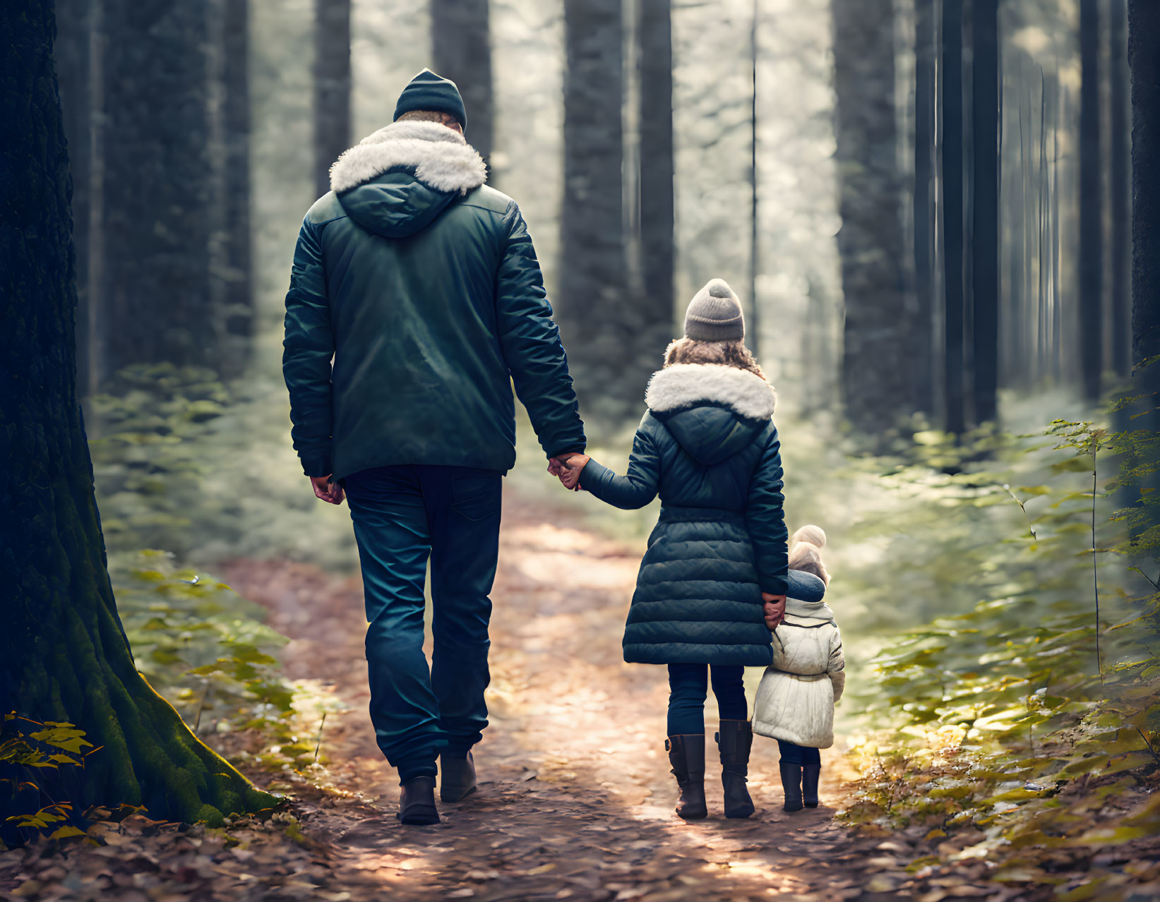 Family walking in misty forest with child in white hat and adult in green jacket