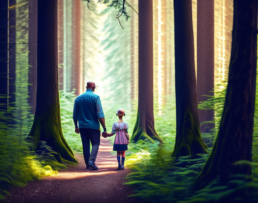 Adult and child walking in serene forest setting