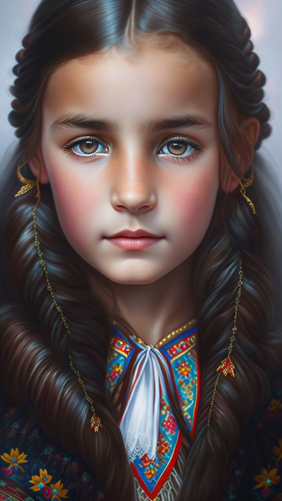 Detailed digital painting of young girl with blue eyes, braided hair, rosy cheeks, and floral