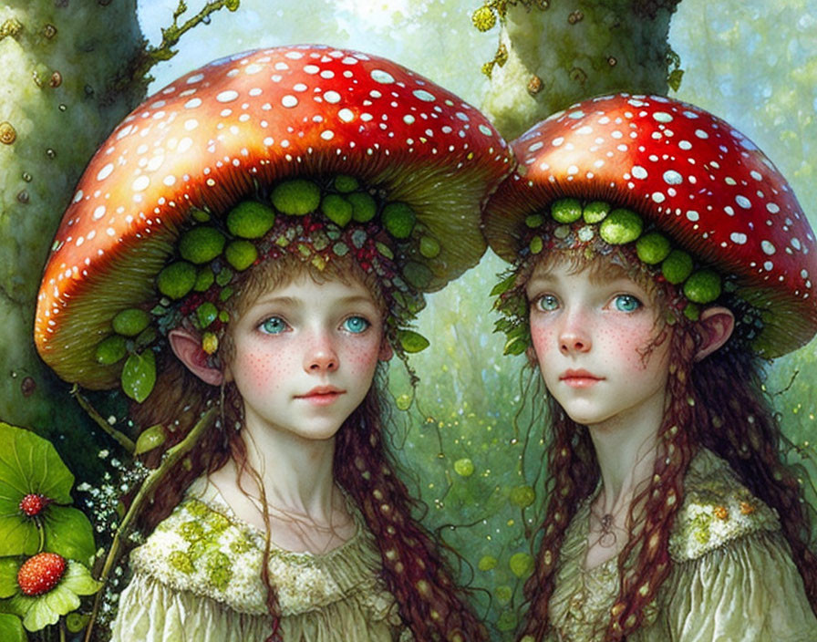 Whimsical female characters with red mushroom hats in lush green setting