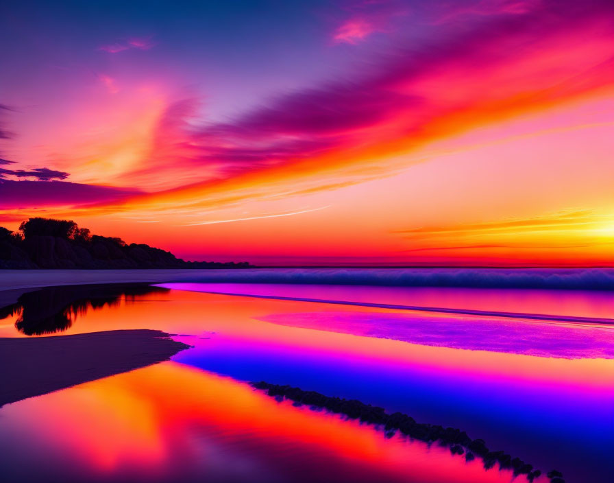 Dramatic pink and purple sunset over serene beach