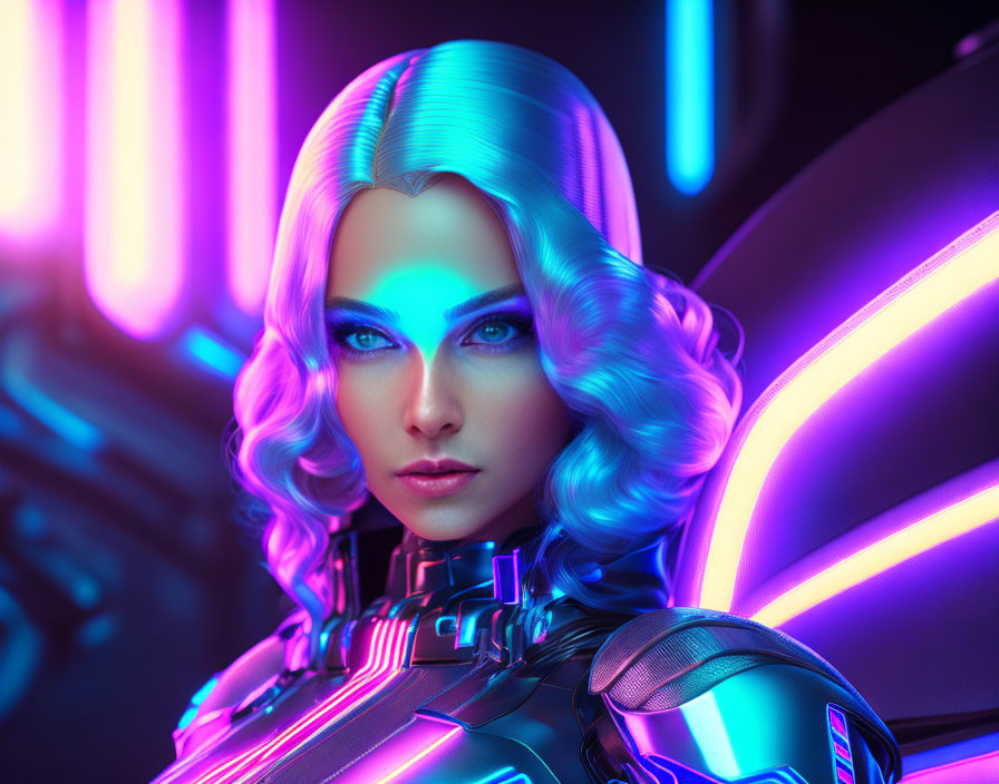 Futuristic Female Character with Glowing Blue Hair and Cybernetic Suit