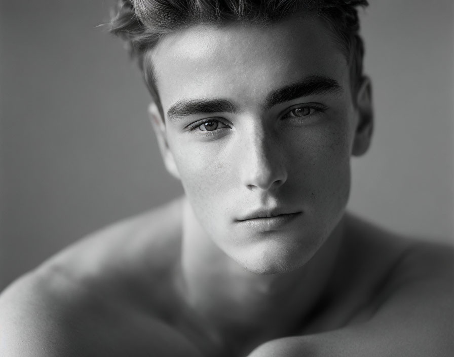 Monochrome portrait of young man with intense gaze and freckles