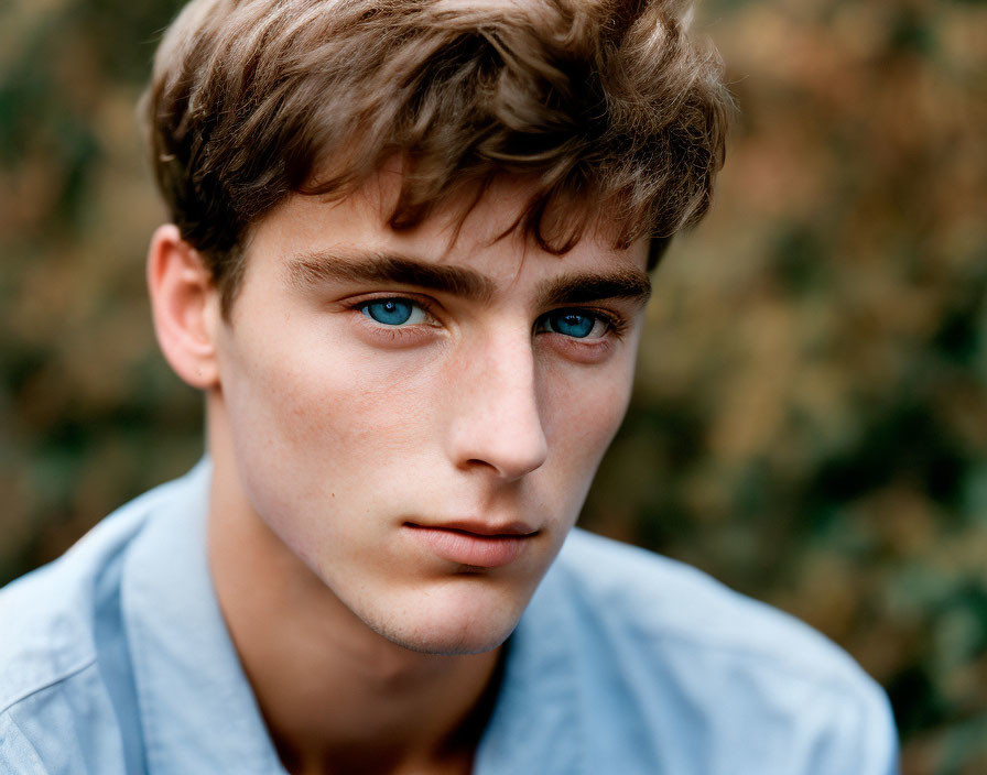 Young person with blue eyes and brown hair in light blue shirt on green background